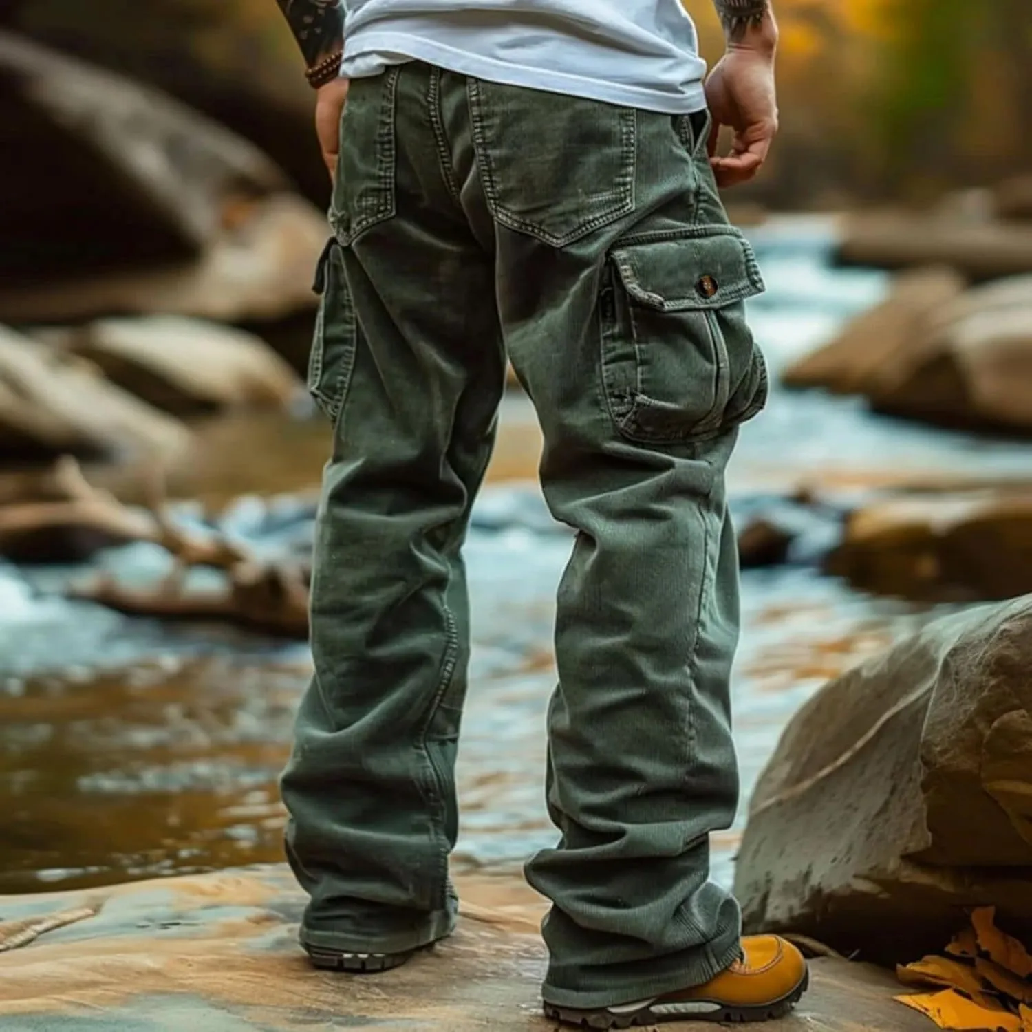 ADHOWBEW Men Cargo Pants Relaxed Fit Stretch Waterproof Construction Hiking Elastic Waist Trousers