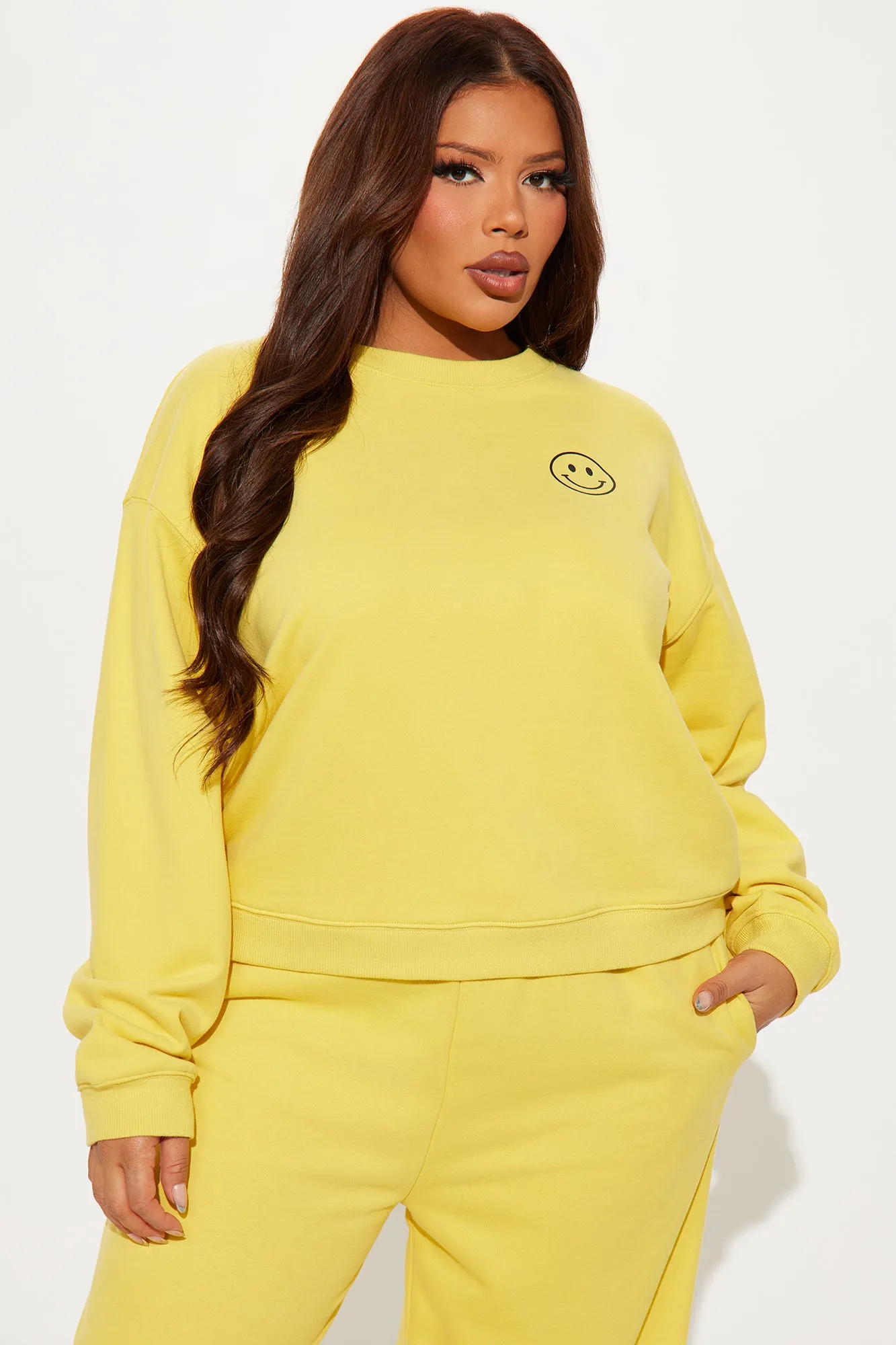 Always Happy Wide Leg Sweatsuit Set - Yellow