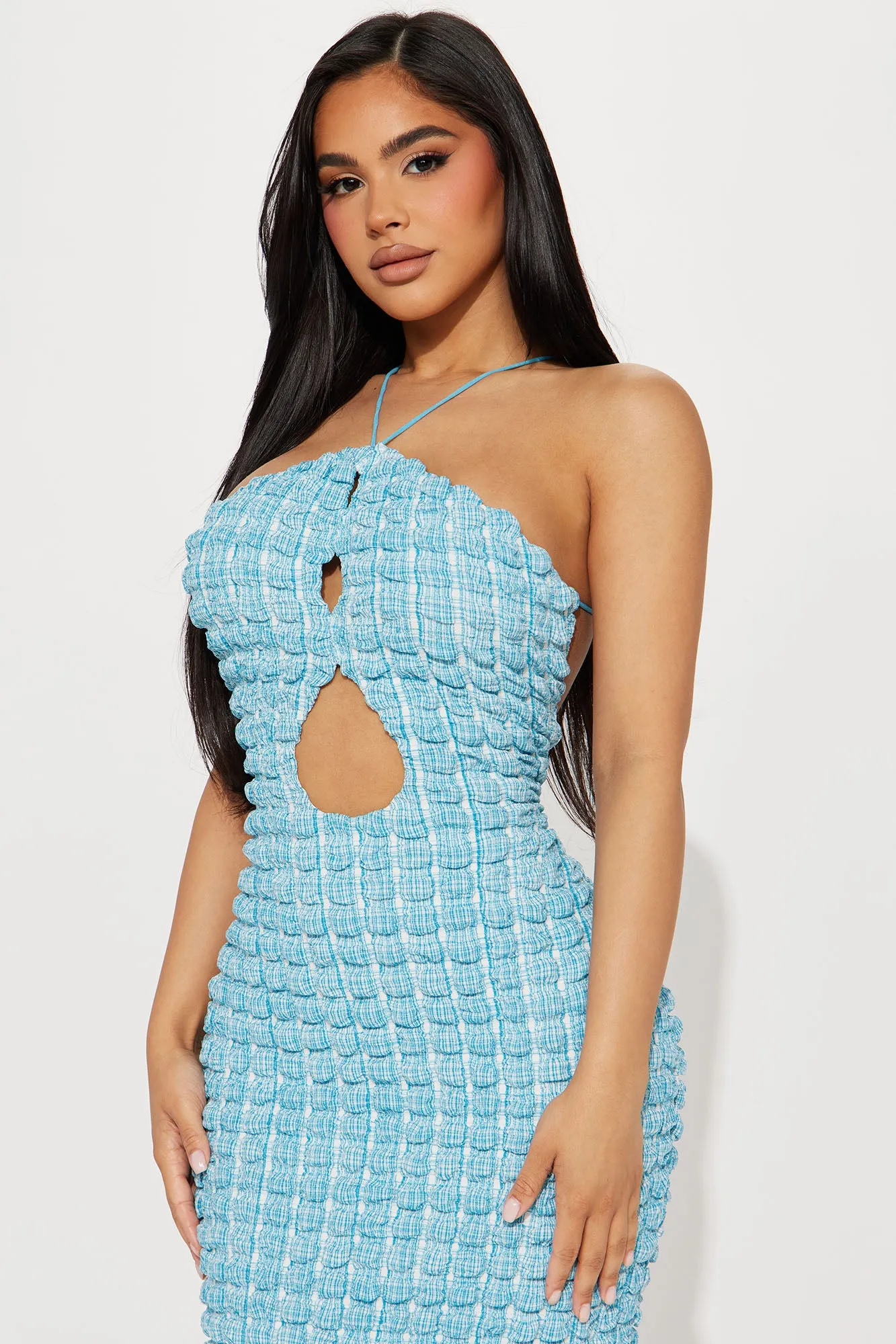 Ashton Honeycomb Halter Mini Dress - Aqua