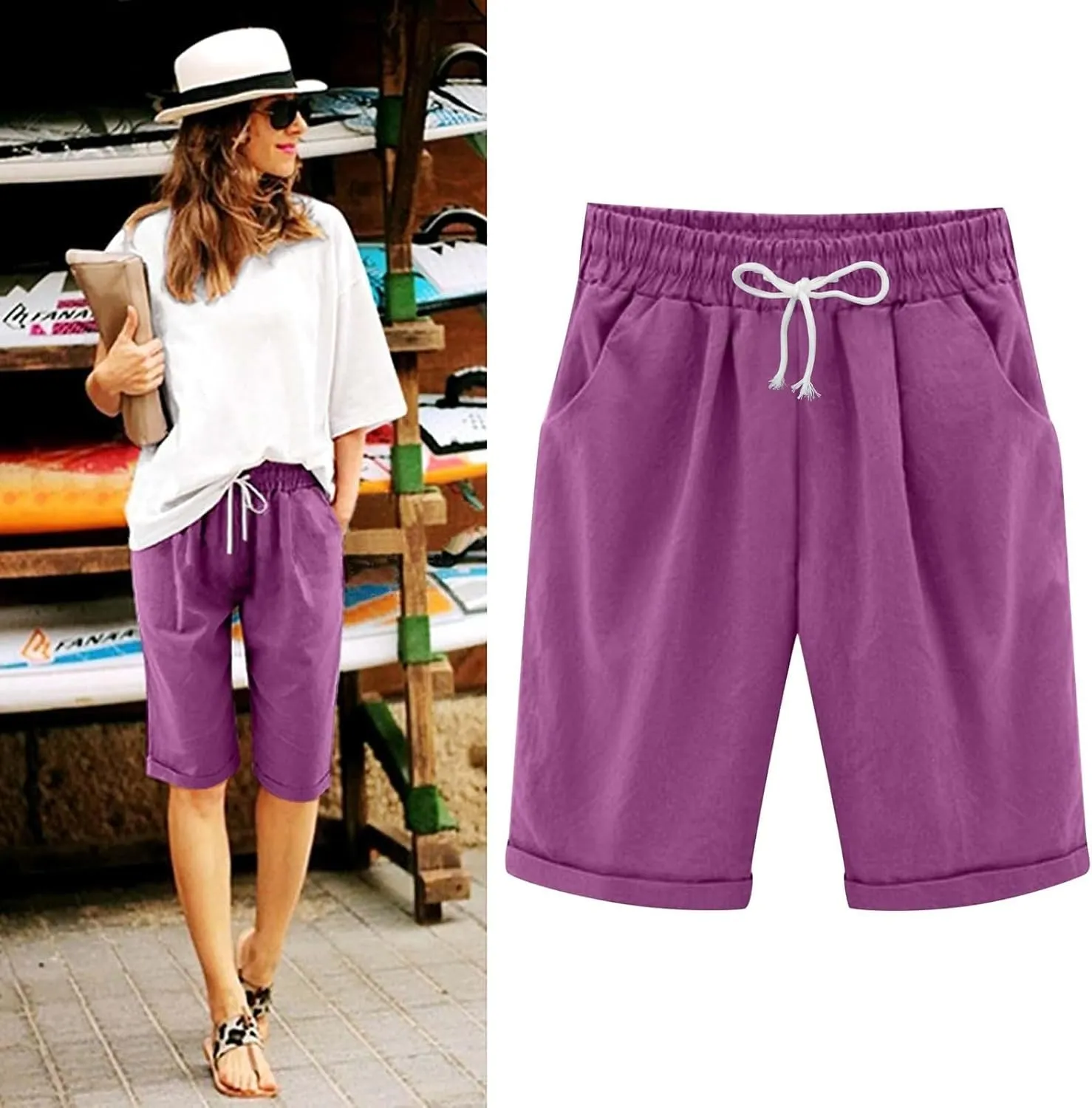 Bermuda Shorts for Women Plus Size Knee Length Beach Shorts Summer High Waisted Soft Lounge Short Pants with Pockets