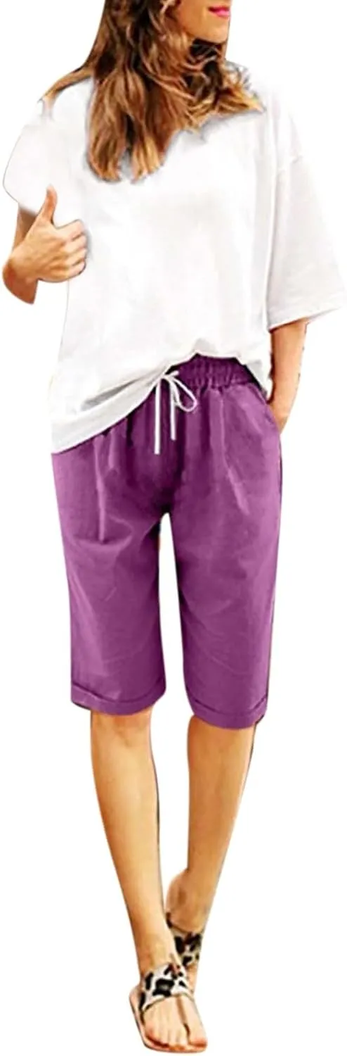 Bermuda Shorts for Women Plus Size Knee Length Beach Shorts Summer High Waisted Soft Lounge Short Pants with Pockets
