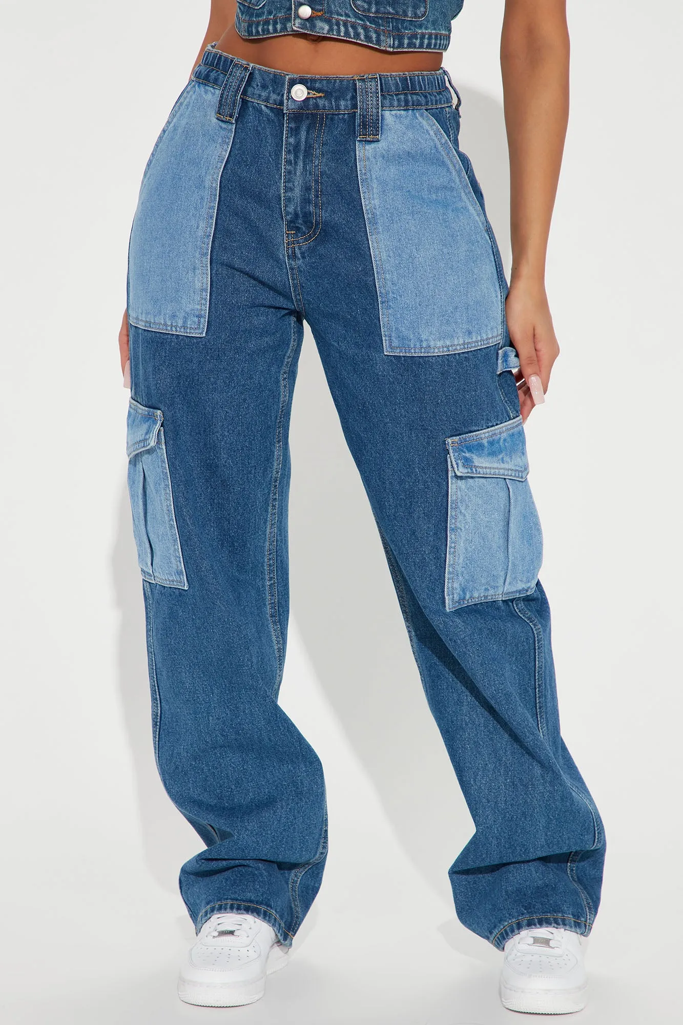 Blind Spot Two Tone Cargo Jeans - Medium Blue Wash