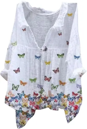 Boho Floral Blouses for Women Babydoll Linen Shirts 2025 Casual Summer 3/4 Sleeve V-Neck Button Down Peasant Tops