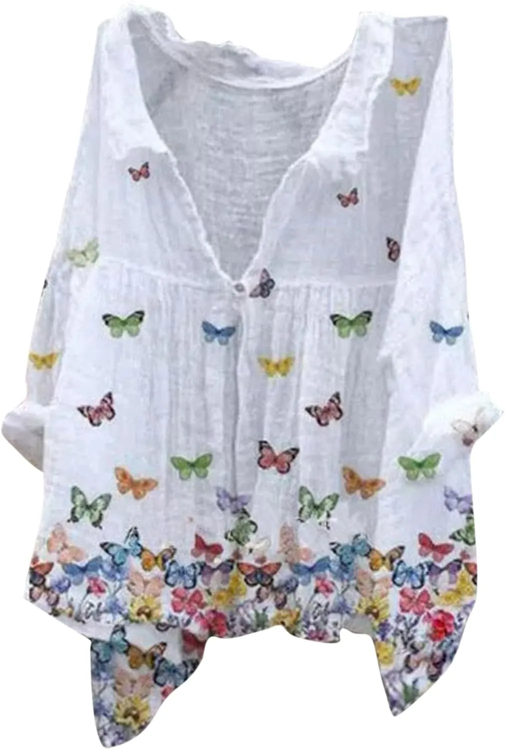 Boho Floral Blouses for Women Babydoll Linen Shirts 2025 Casual Summer 3/4 Sleeve V-Neck Button Down Peasant Tops