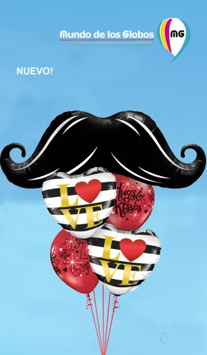 BOUQUET DE BIGOTE GIGANTE CON CORAZONES METALICOS RAYAS