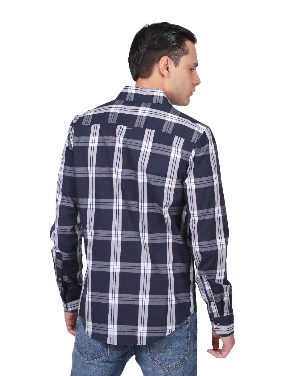 Camisas Hombre Slim Fit Manga Larga Cuadros Blanco B25116