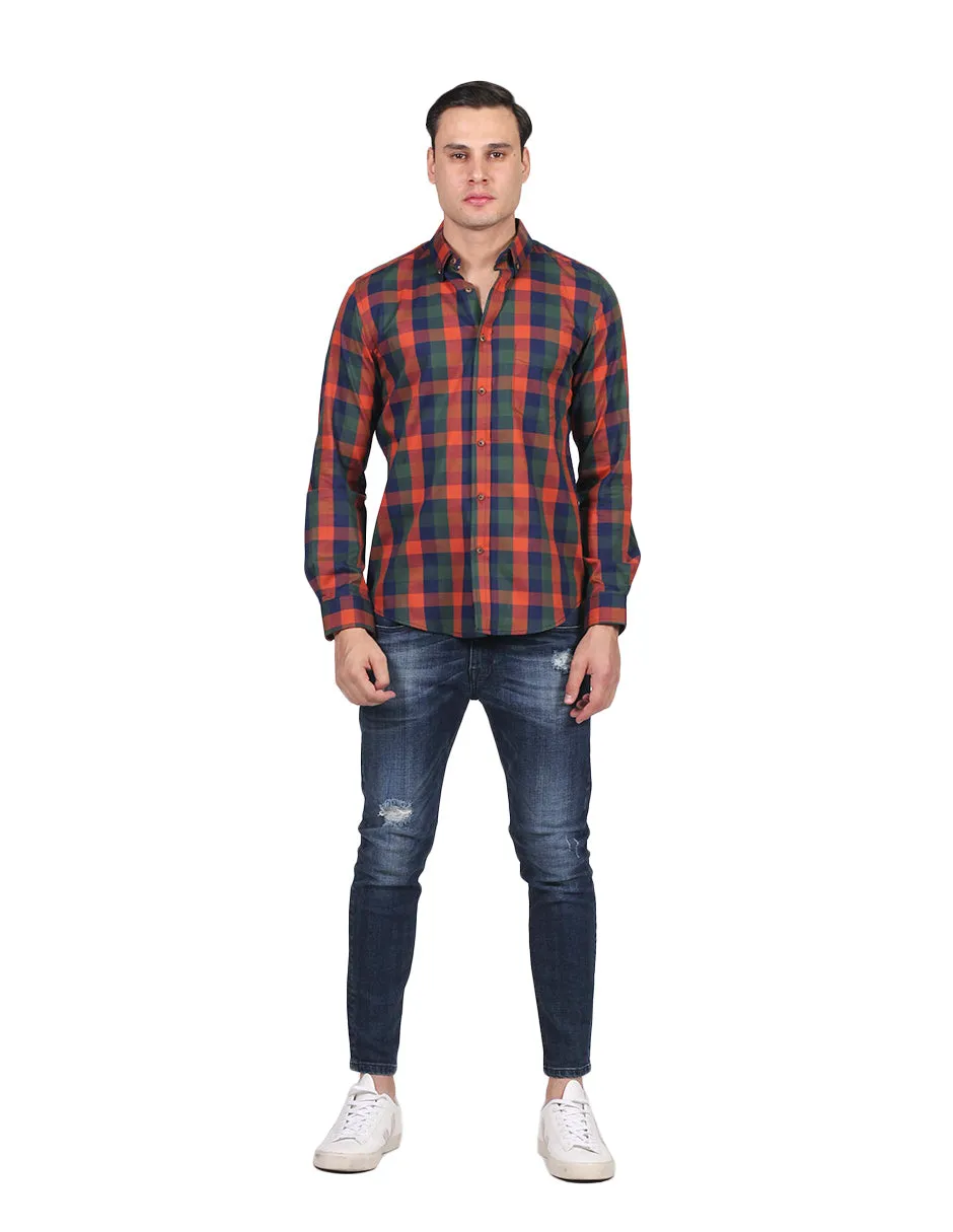 Camisas Hombre Slim Fit Manga Larga Oxford Cuadros Olivo B25117