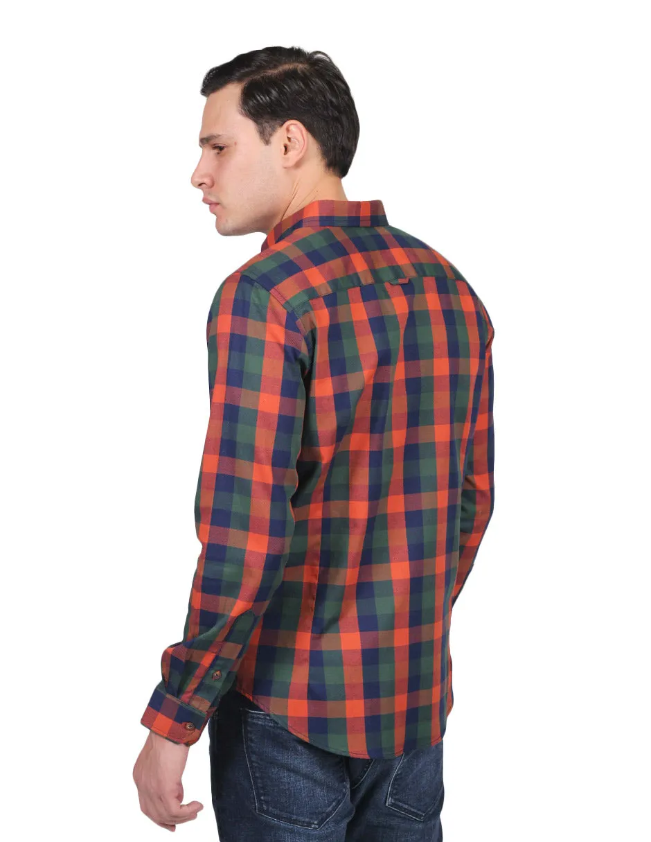 Camisas Hombre Slim Fit Manga Larga Oxford Cuadros Olivo B25117