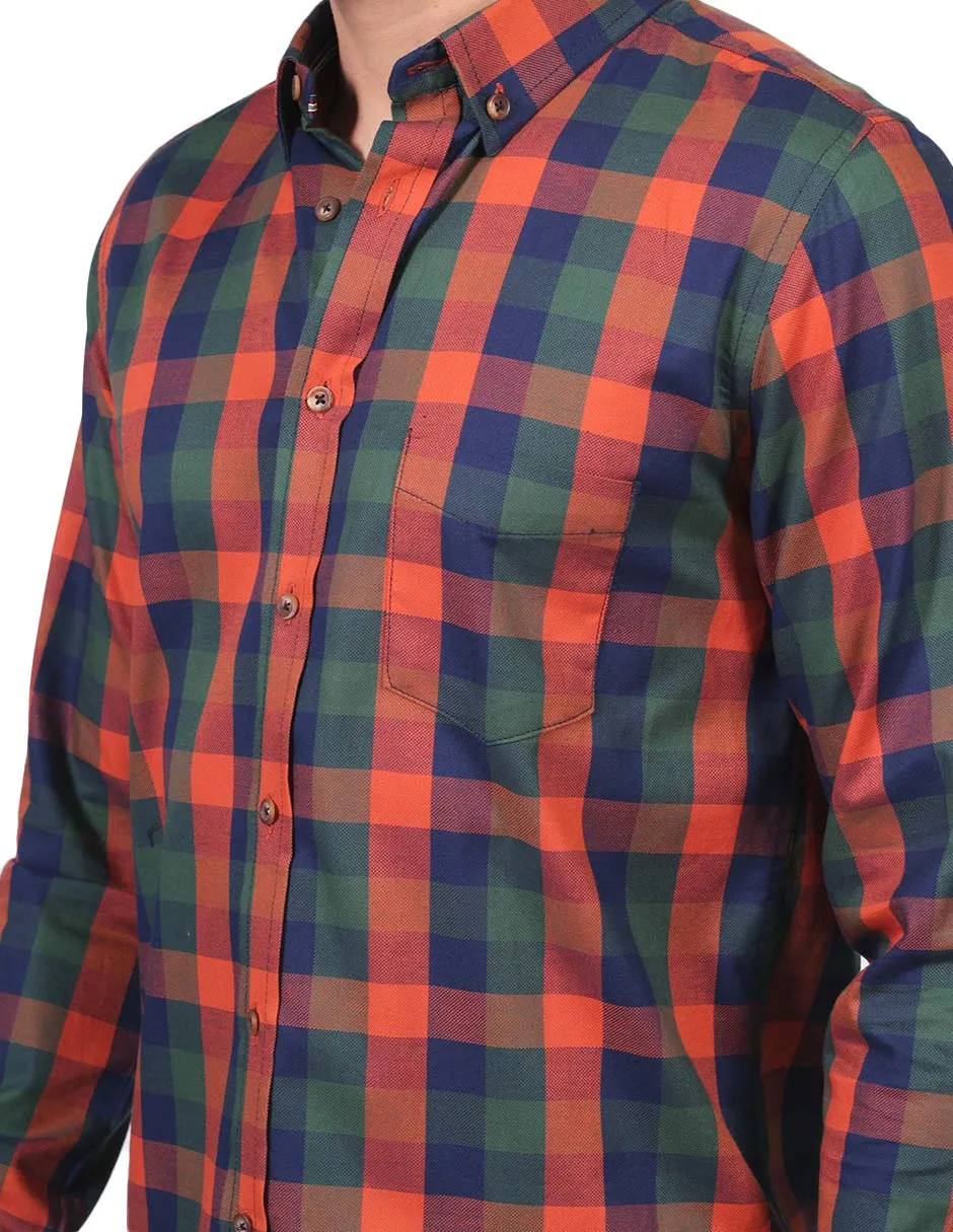 Camisas Hombre Slim Fit Manga Larga Oxford Cuadros Olivo B25117