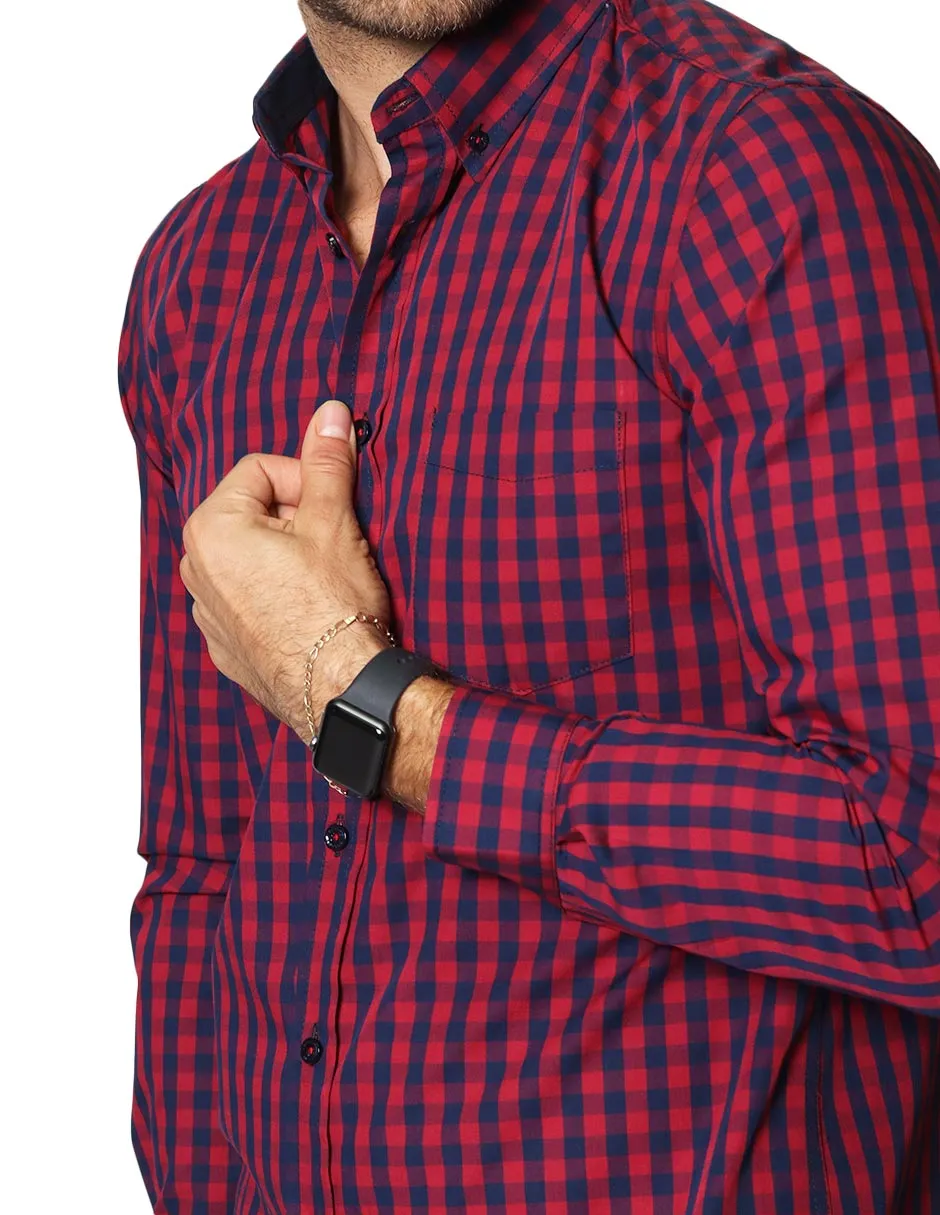 Camisas Para Hombre De Manga Larga Con Estampado de Cuadros Regular Fit B35216 Rojo