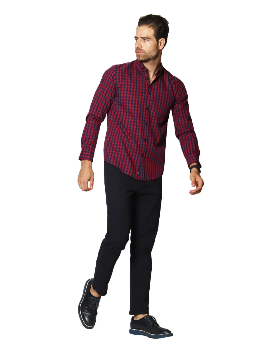 Camisas Para Hombre De Manga Larga Con Estampado de Cuadros Regular Fit B35216 Rojo