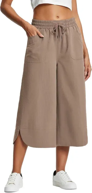 Capri Pants for Women Summer Loose High Waisted Drawstring Wide Leg Pant Casual Split Palazzo Trousers with Pockets