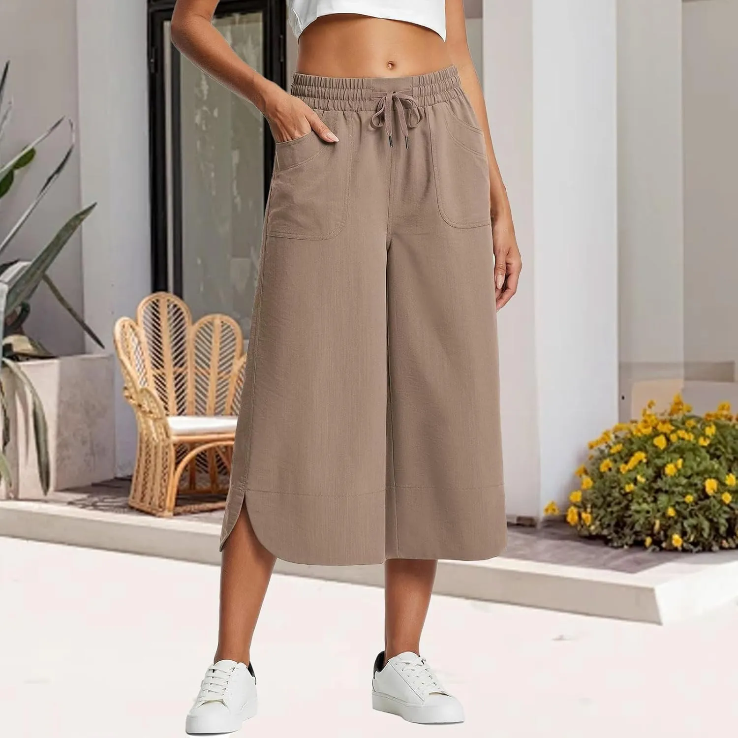 Capri Pants for Women Summer Loose High Waisted Drawstring Wide Leg Pant Casual Split Palazzo Trousers with Pockets