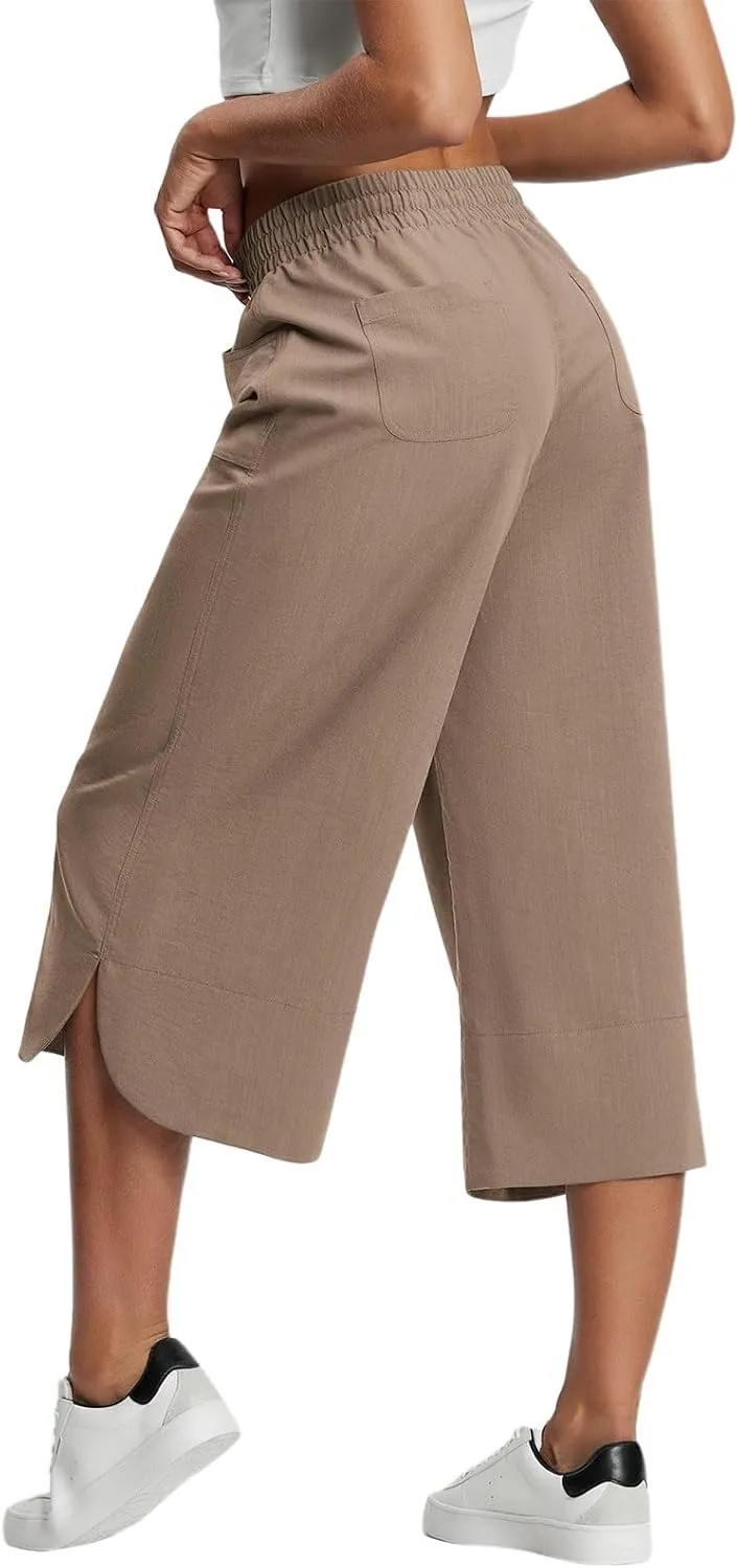 Capri Pants for Women Summer Loose High Waisted Drawstring Wide Leg Pant Casual Split Palazzo Trousers with Pockets
