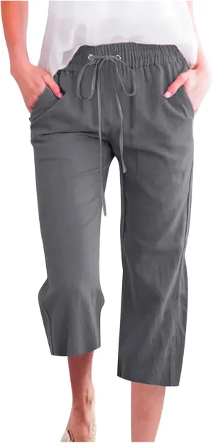 Capri Pants Women Drawstring Linen Pant Elastic Waist Straight Wide Leg Cropped Pants Loose Casual Trousers