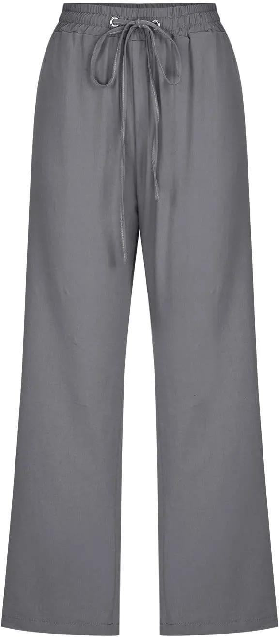 Capri Pants Women Drawstring Linen Pant Elastic Waist Straight Wide Leg Cropped Pants Loose Casual Trousers