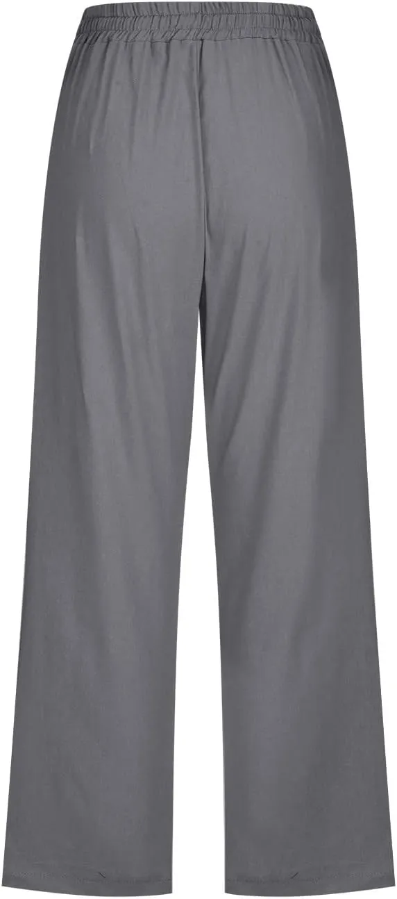 Capri Pants Women Drawstring Linen Pant Elastic Waist Straight Wide Leg Cropped Pants Loose Casual Trousers