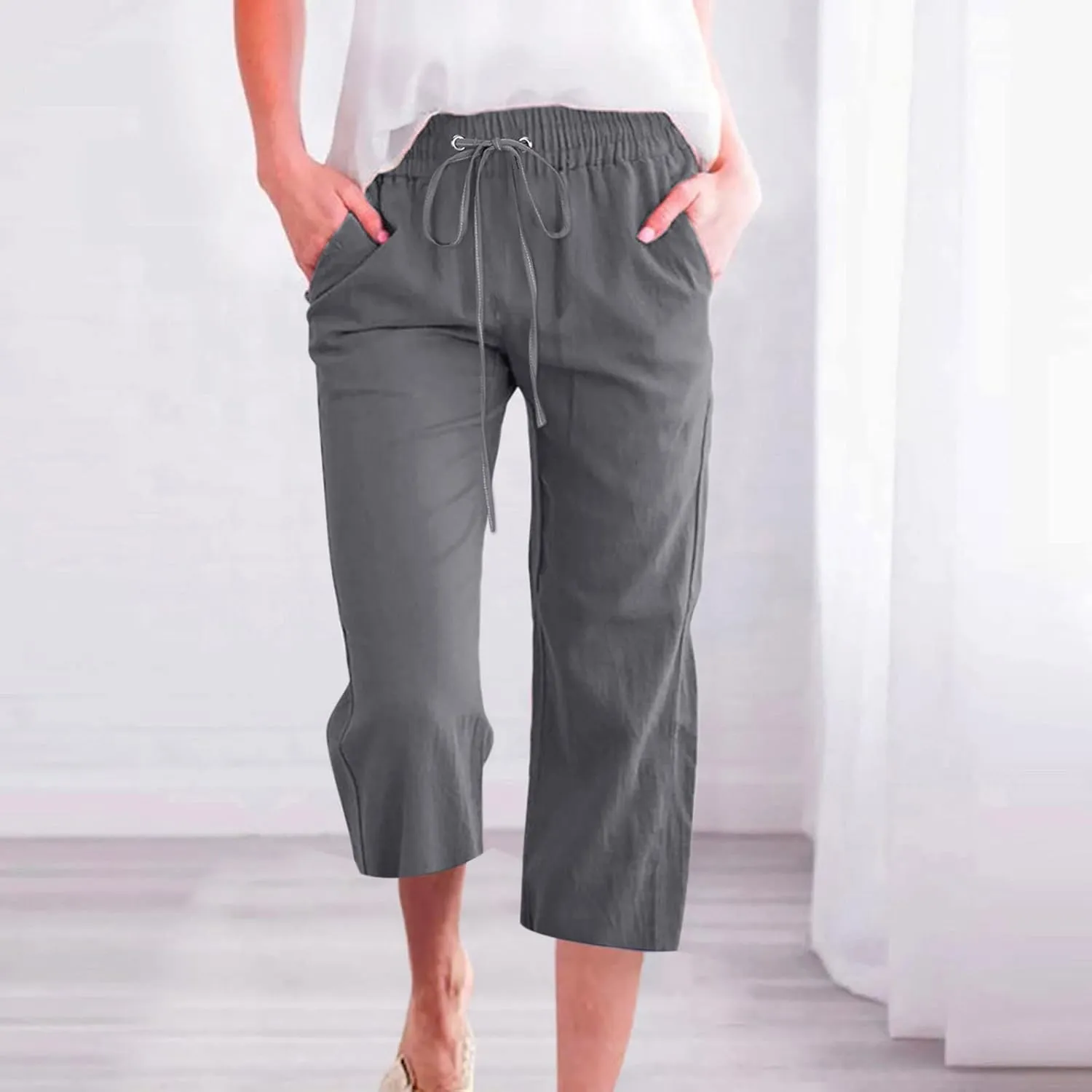 Capri Pants Women Drawstring Linen Pant Elastic Waist Straight Wide Leg Cropped Pants Loose Casual Trousers
