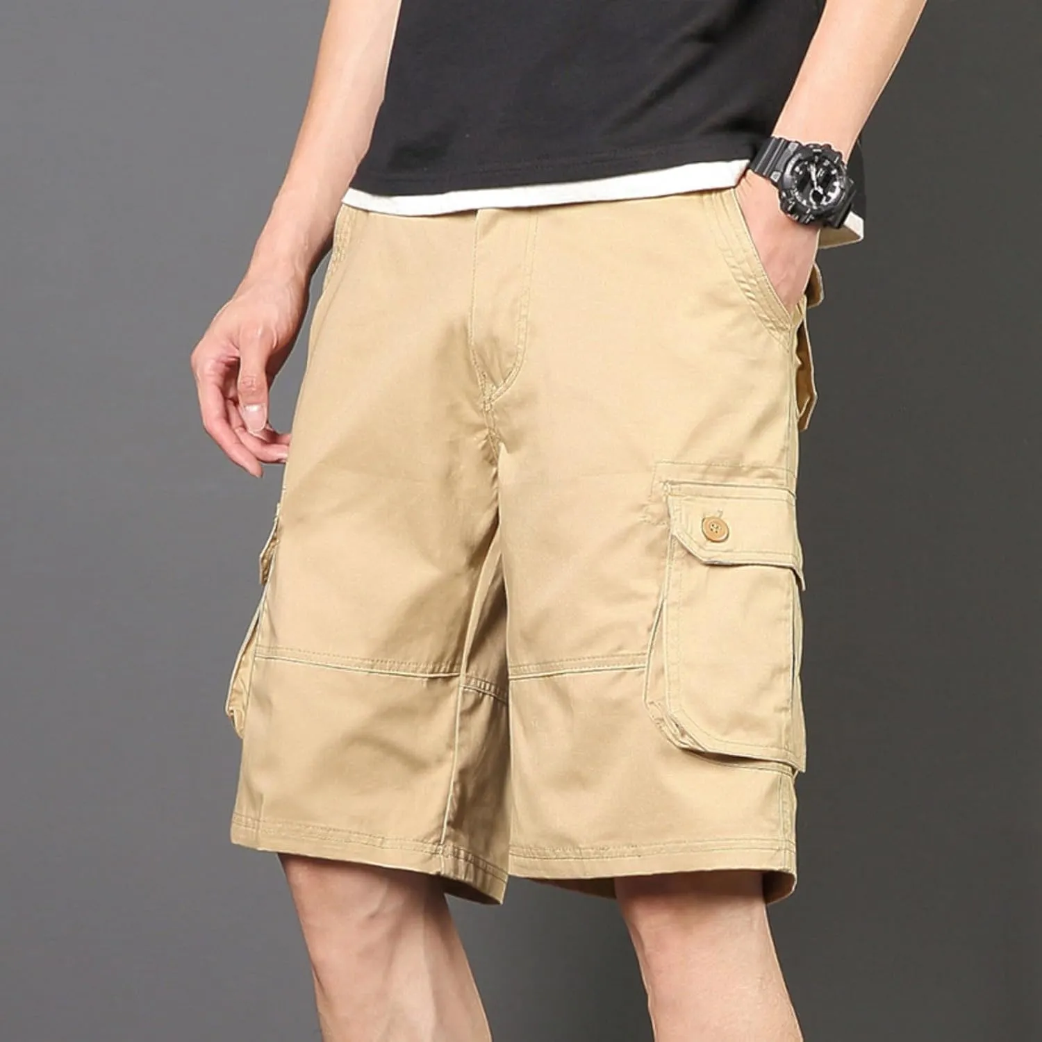 Cargo Shorts for Men Summer Casual Cotton Bermuda Work Hiking Shorts Knee Length Stretchy Short Pants Multi Pockets