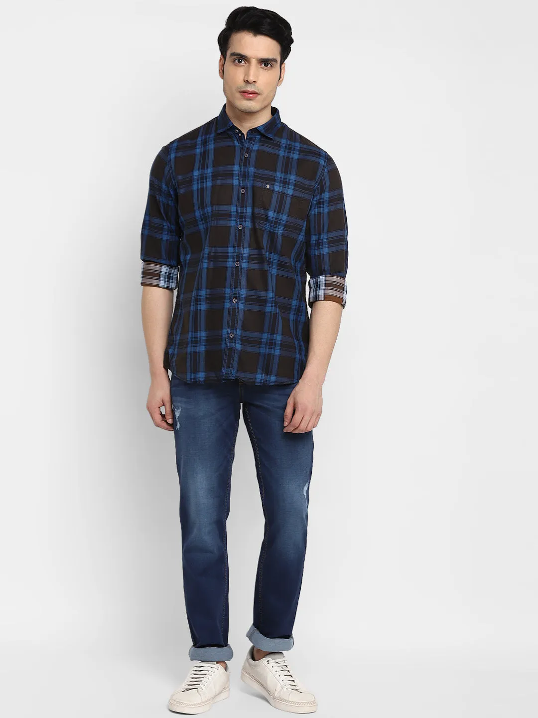Checked Blue & Black Slim Fit Casual Shirt For Men