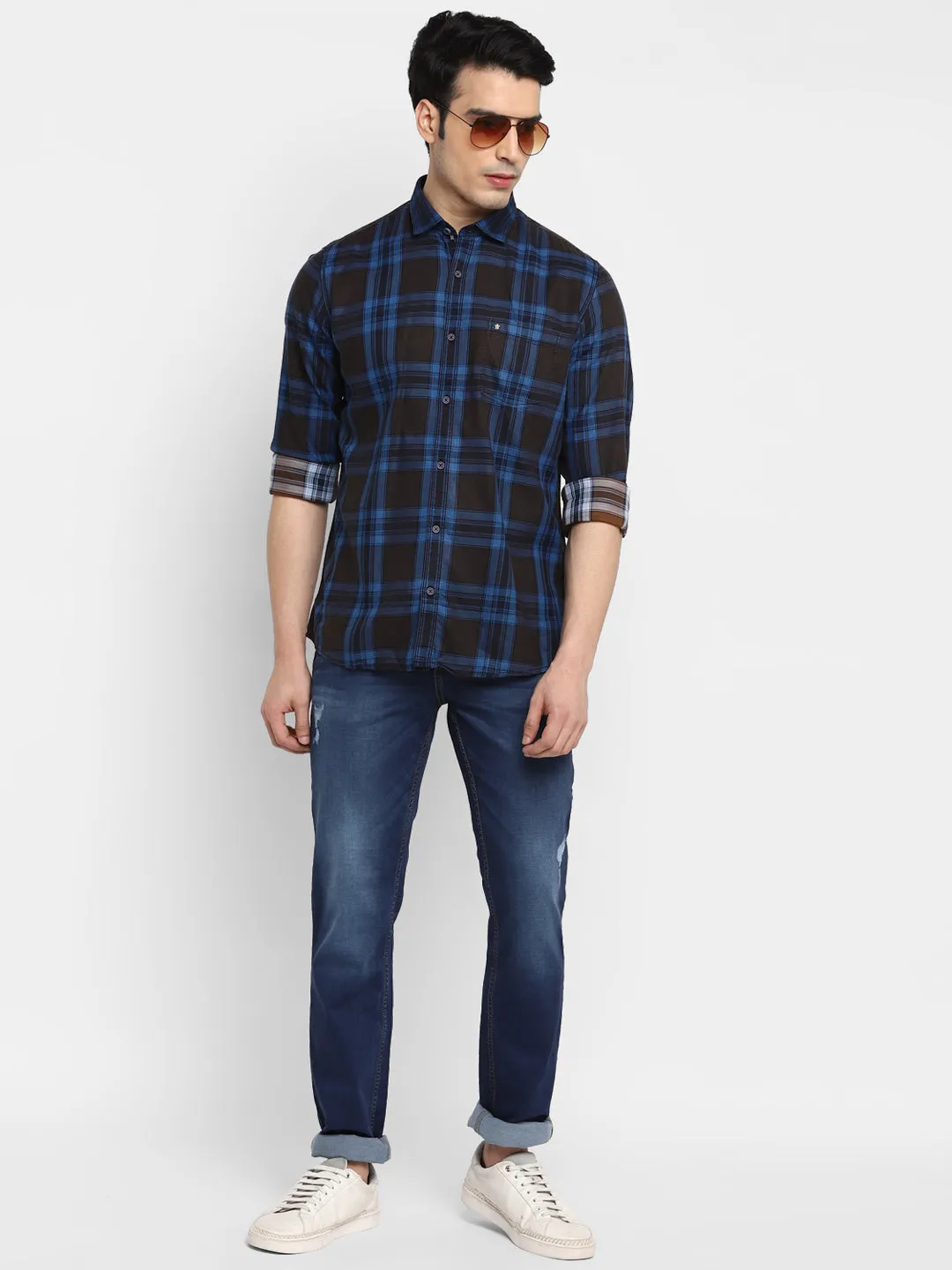 Checked Blue & Black Slim Fit Casual Shirt For Men