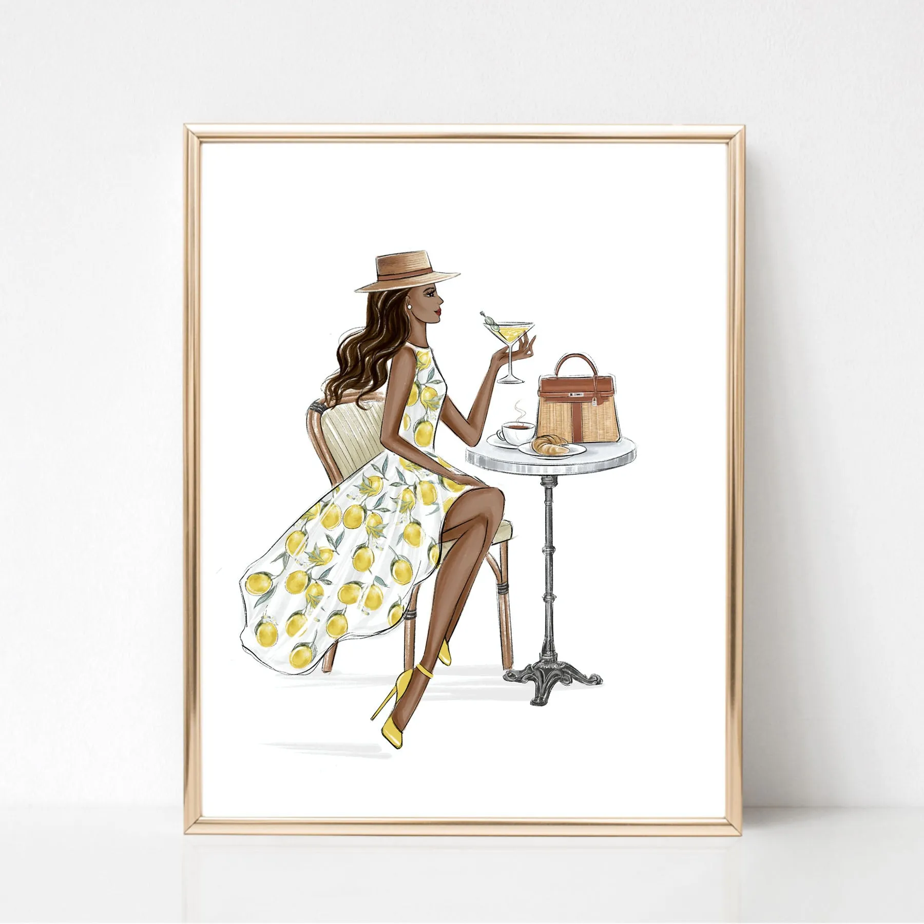 Classy girl in lemon dress summer art print fashion illustration