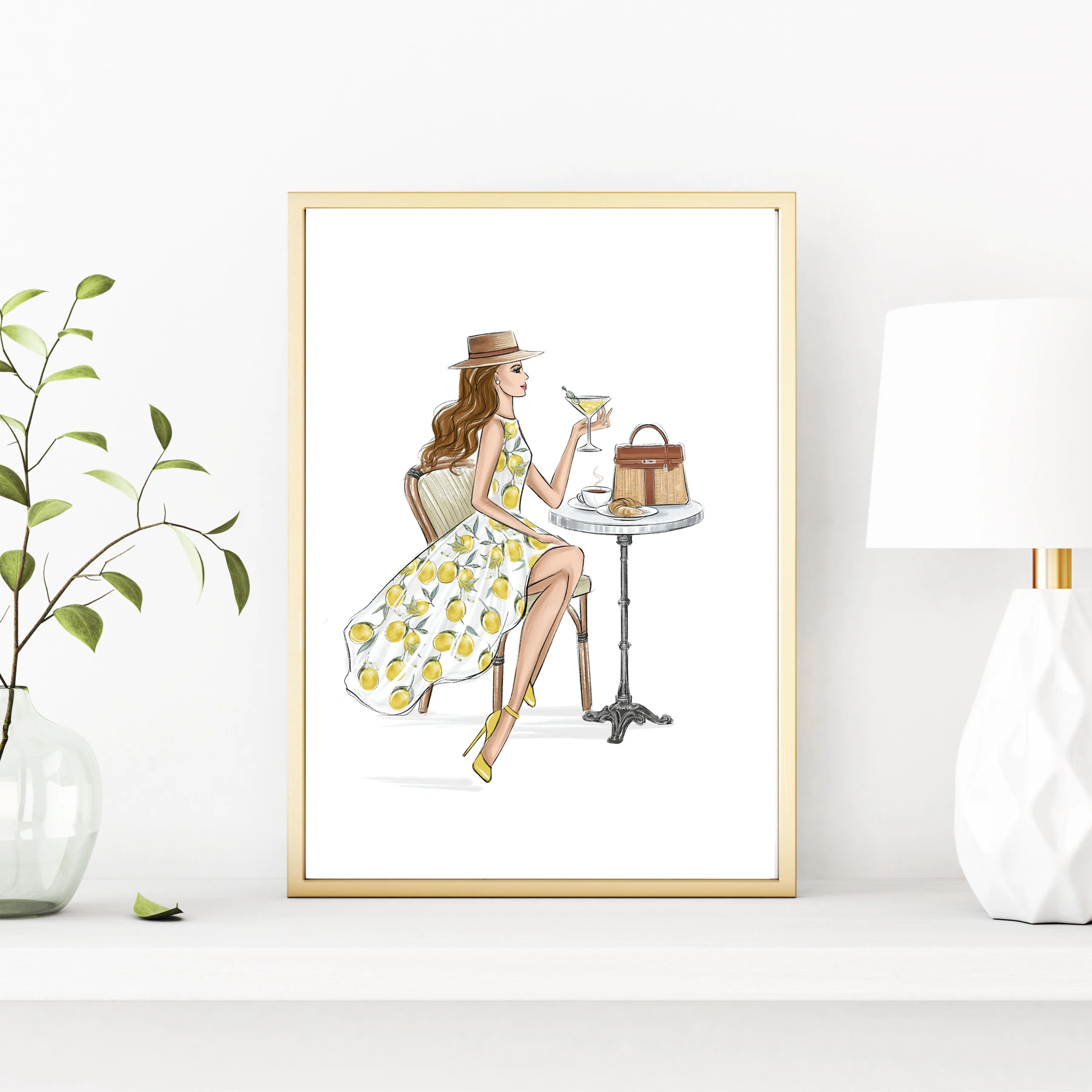 Classy girl in lemon dress summer art print fashion illustration