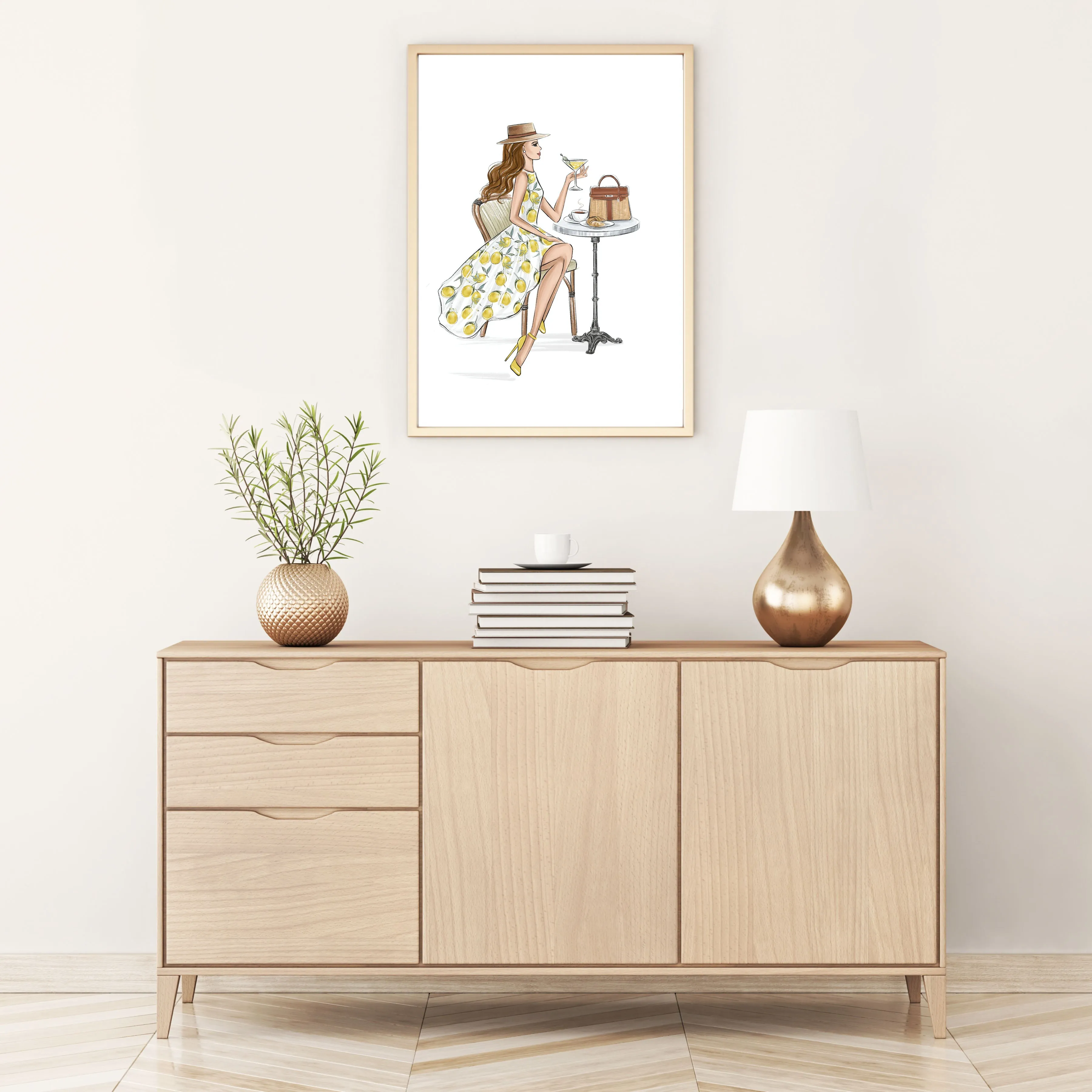 Classy girl in lemon dress summer art print fashion illustration