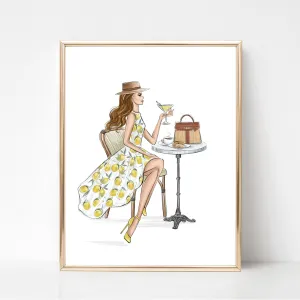 Classy girl in lemon dress summer art print fashion illustration