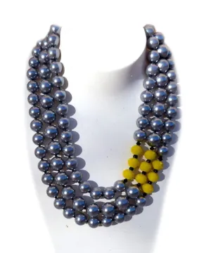 Collier de perles 3 rangs style Jackie - Gris et cristaux jaunes - FlotB