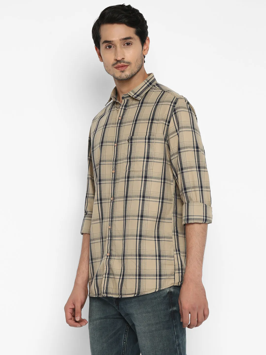 Cotton Grey Checkered Slim Fit Casual Shirt