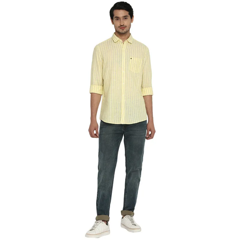 Cotton Linen Yellow Striped Slim Fit Shirt