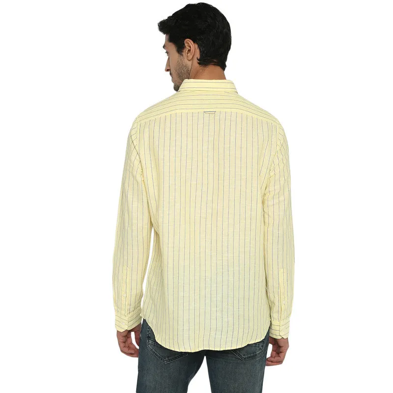 Cotton Linen Yellow Striped Slim Fit Shirt