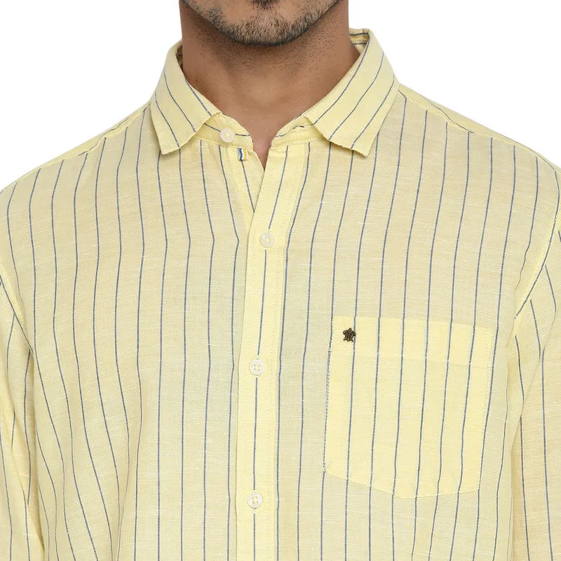 Cotton Linen Yellow Striped Slim Fit Shirt