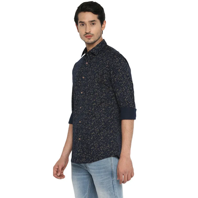 Cotton Navy Blue Slim Fit Printed Shirt
