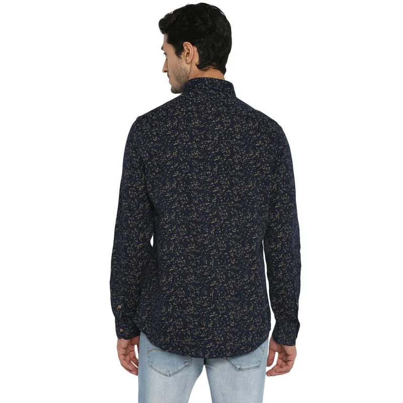 Cotton Navy Blue Slim Fit Printed Shirt