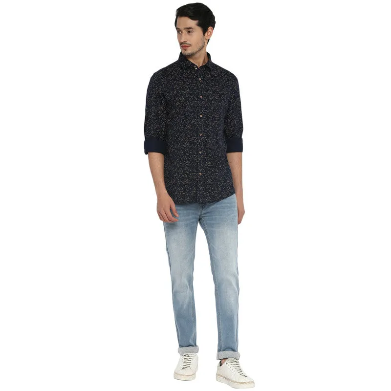 Cotton Navy Blue Slim Fit Printed Shirt