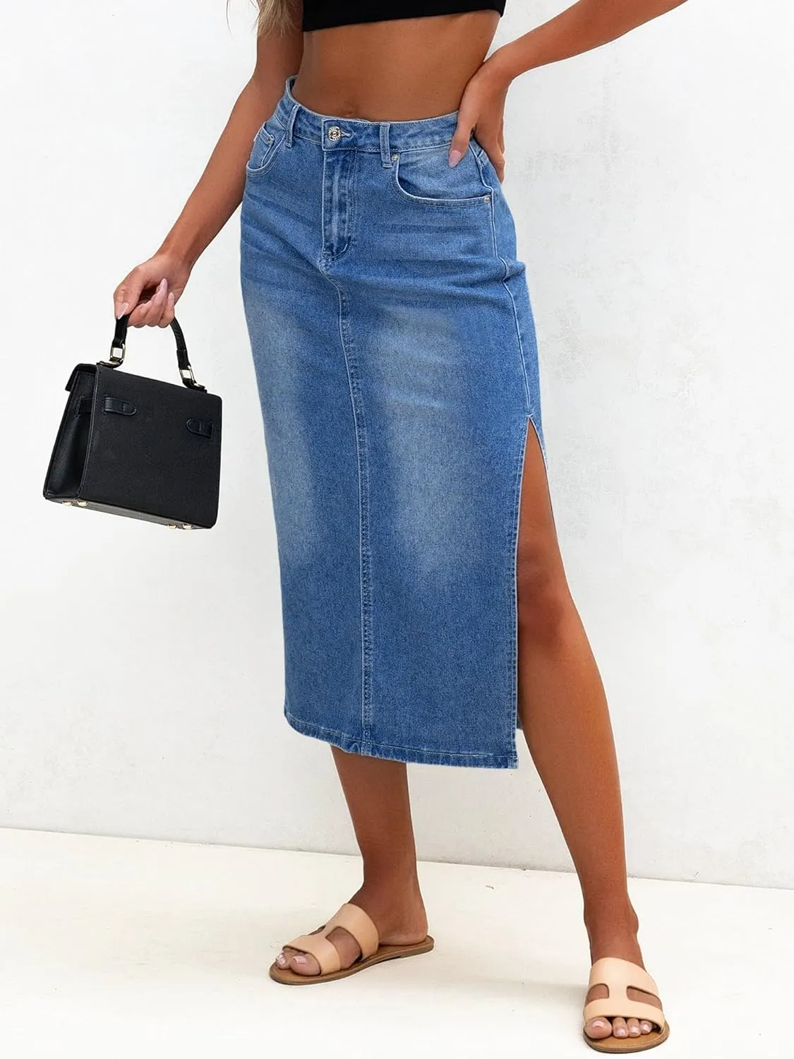 Genleck Women Denim Maxi Skirt Casual High Waist Jean Skirts with Side Split 2025