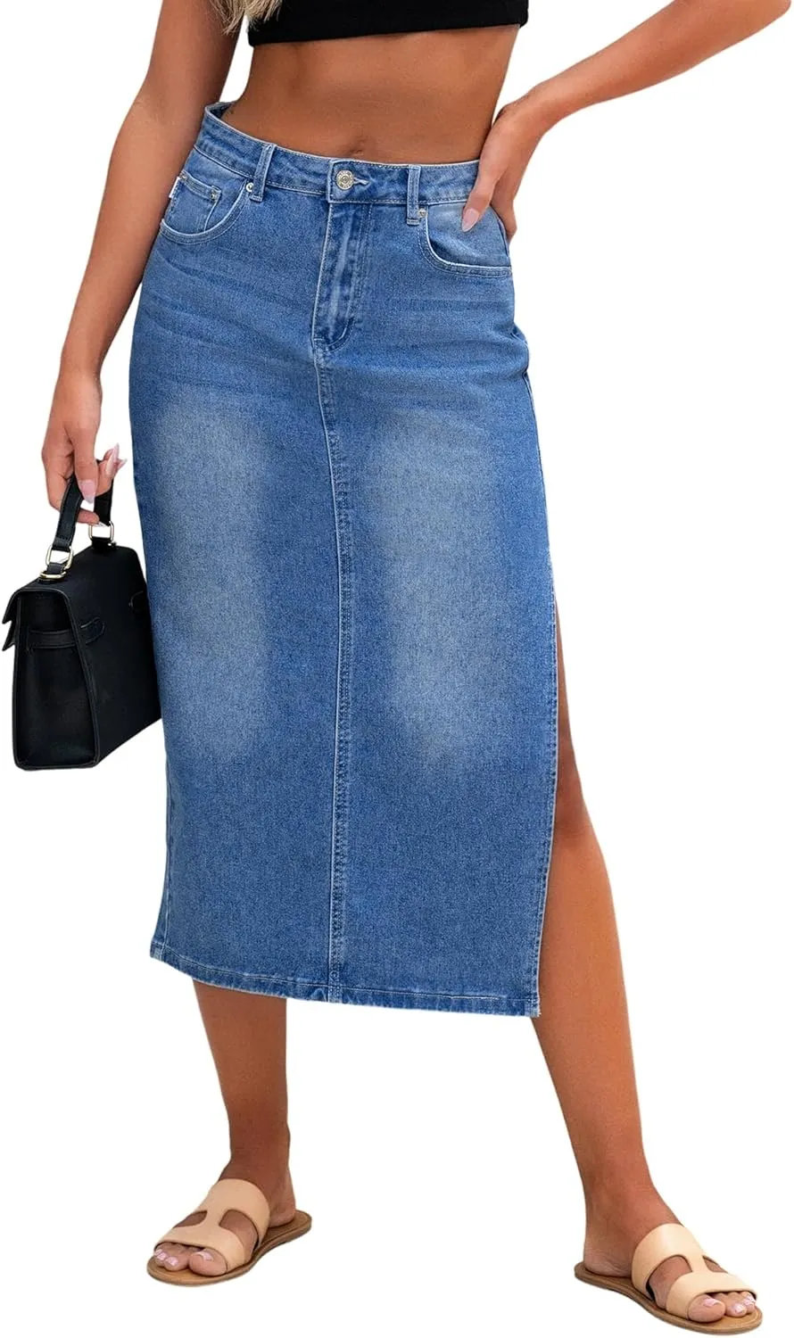 Genleck Women Denim Maxi Skirt Casual High Waist Jean Skirts with Side Split 2025