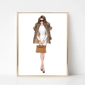 Girl in leopard jacket fashion illustration art print