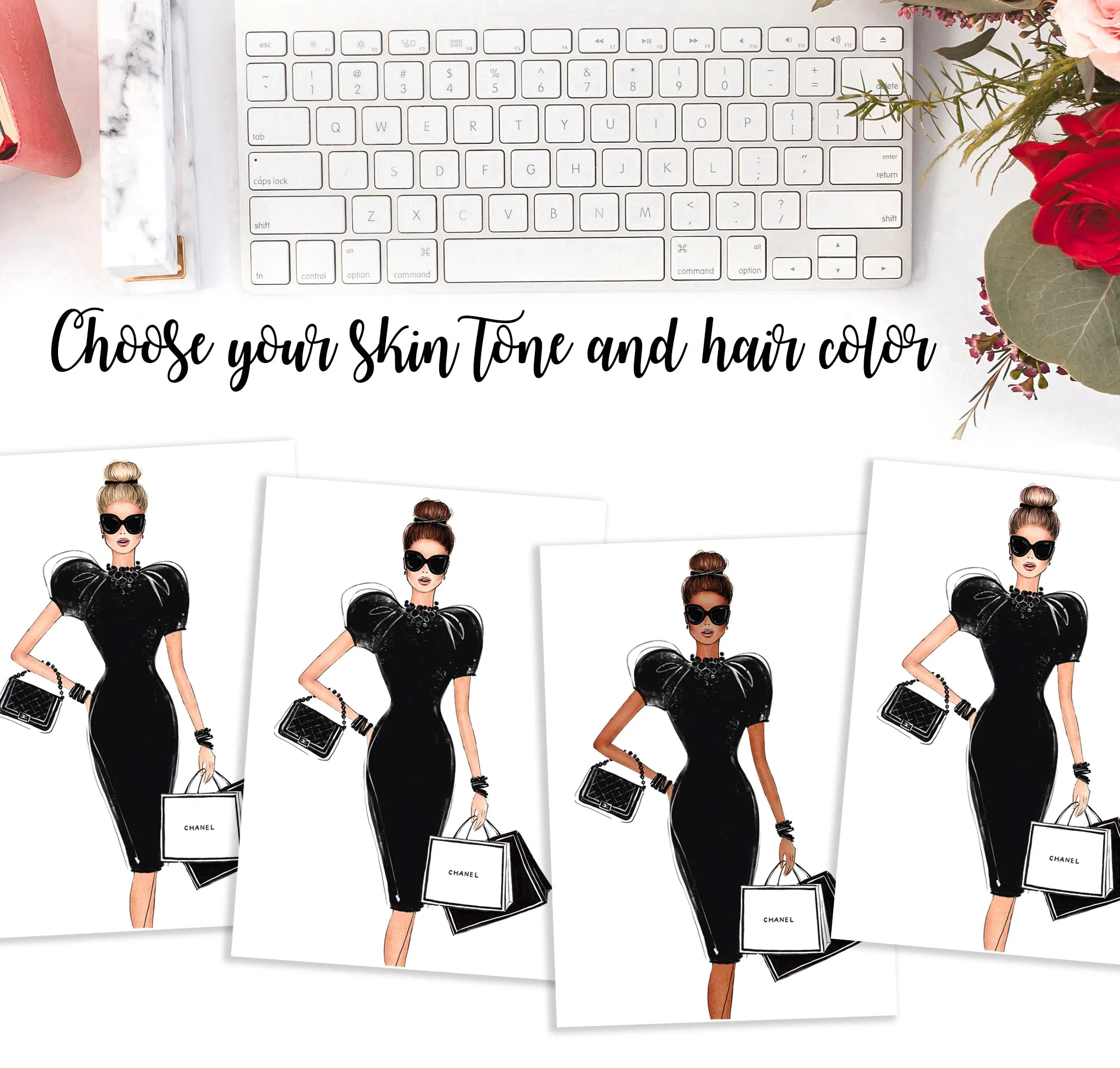 Girl in little black dress fashion illustration art print