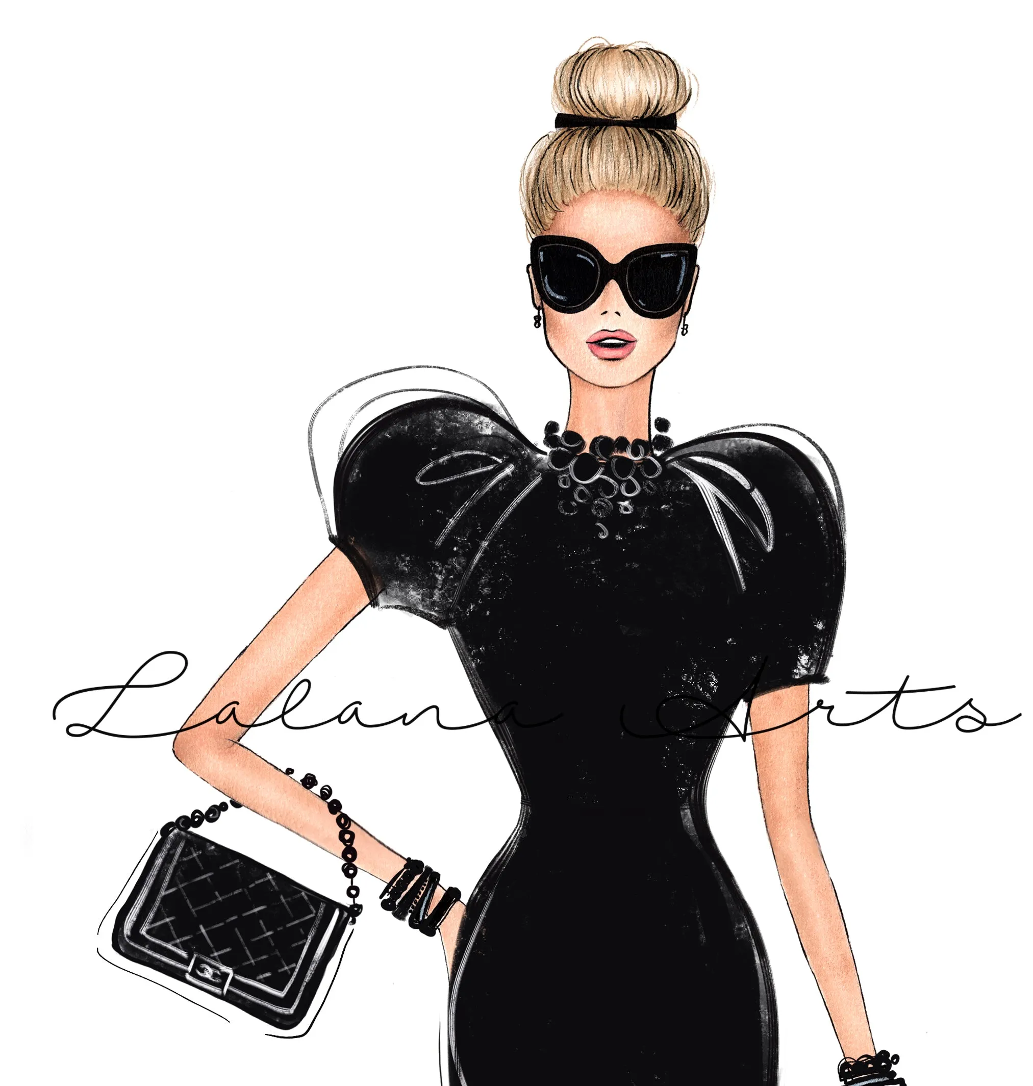 Girl in little black dress fashion illustration art print