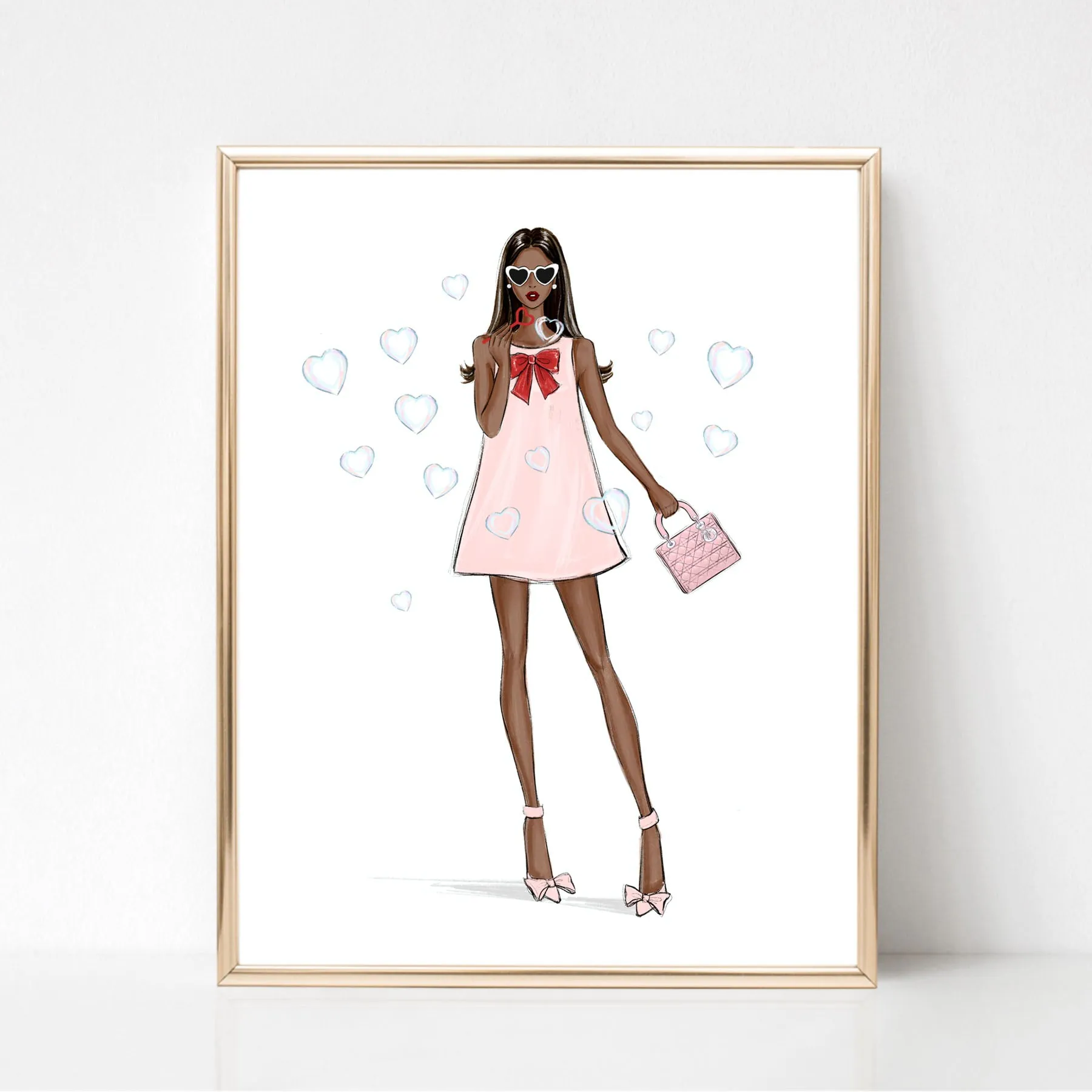 Girl with heart bubbles art print fashion illustration