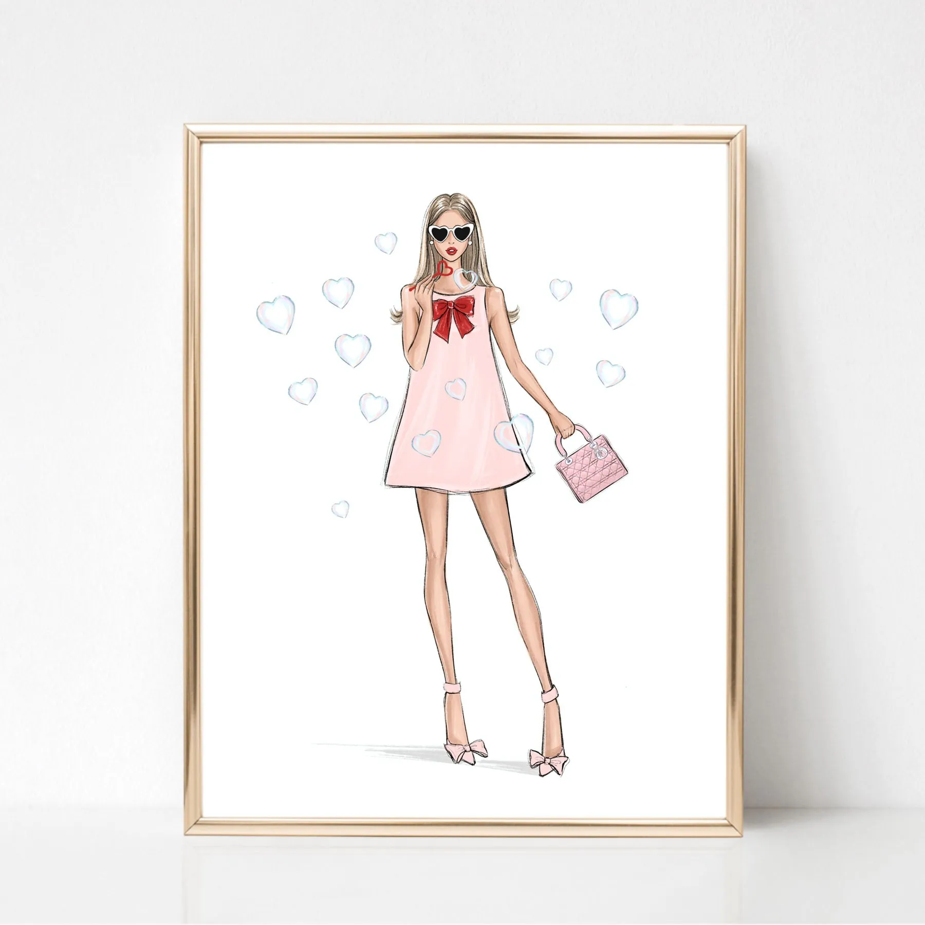 Girl with heart bubbles art print fashion illustration