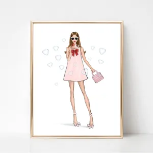 Girl with heart bubbles art print fashion illustration