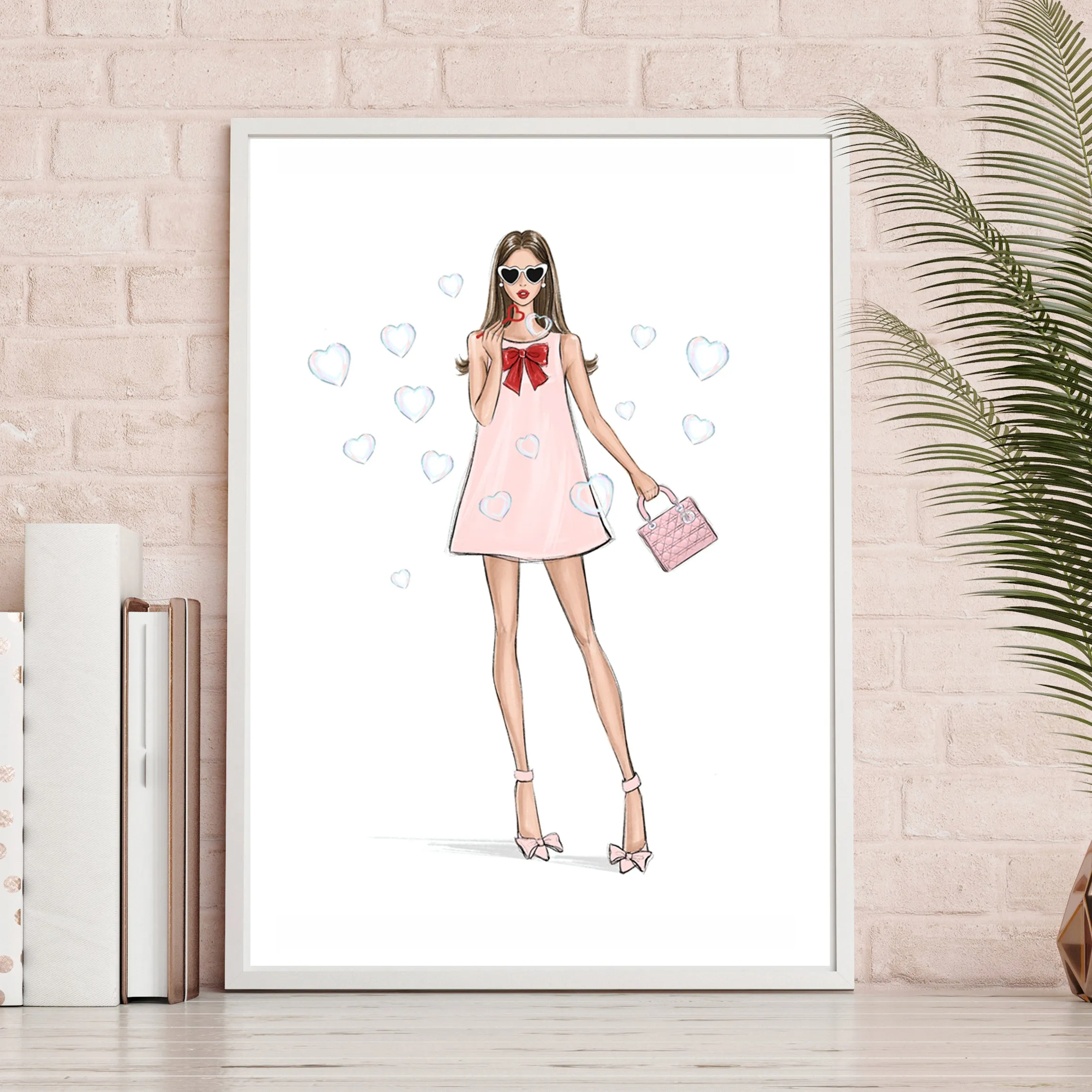 Girl with heart bubbles art print fashion illustration