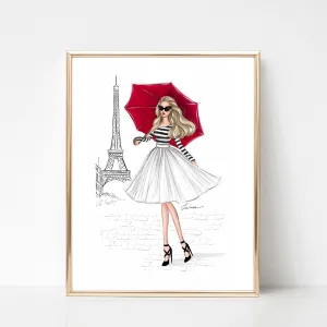 Girl with red umbrella in Paris art print fashion illustration