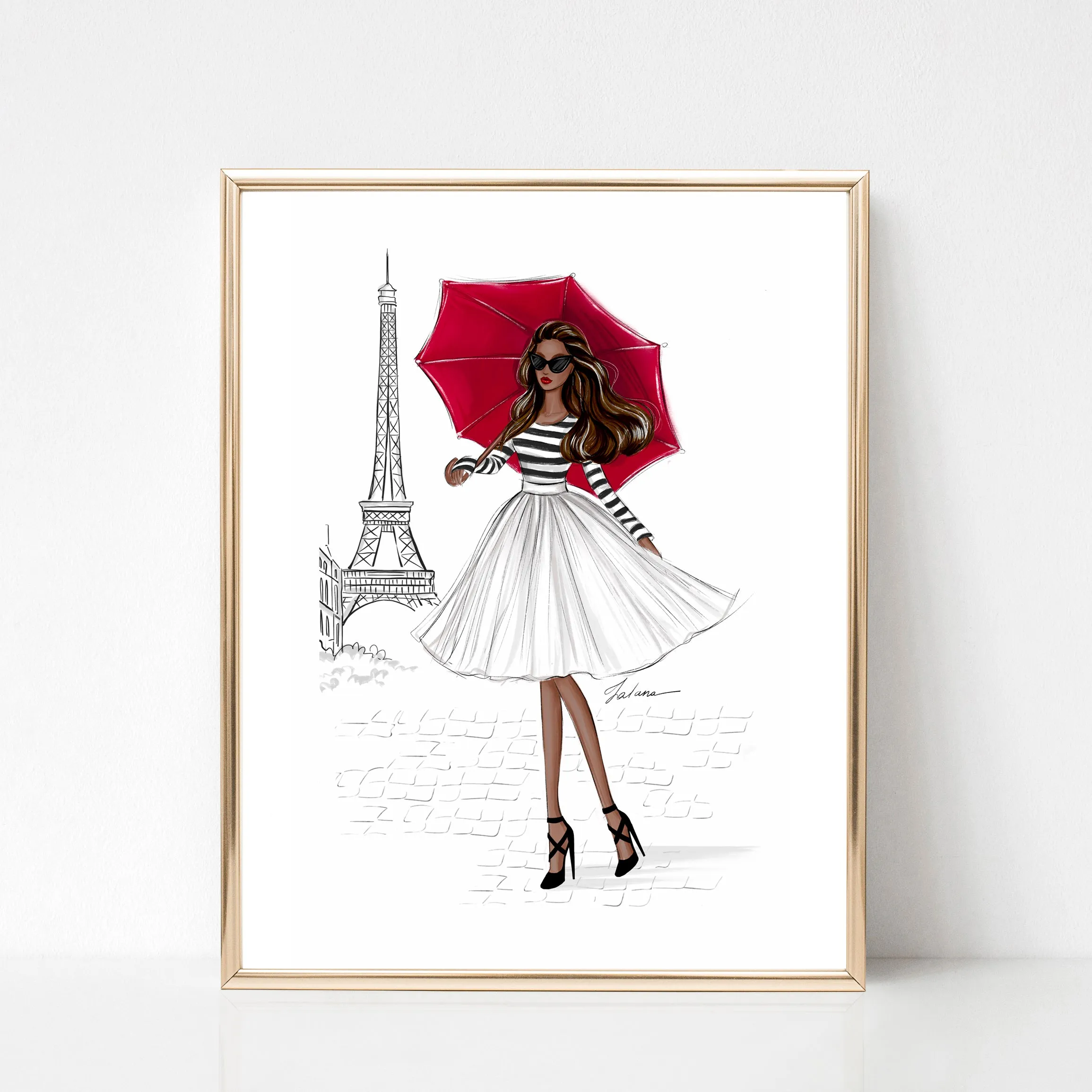 Girl with red umbrella in Paris art print fashion illustration