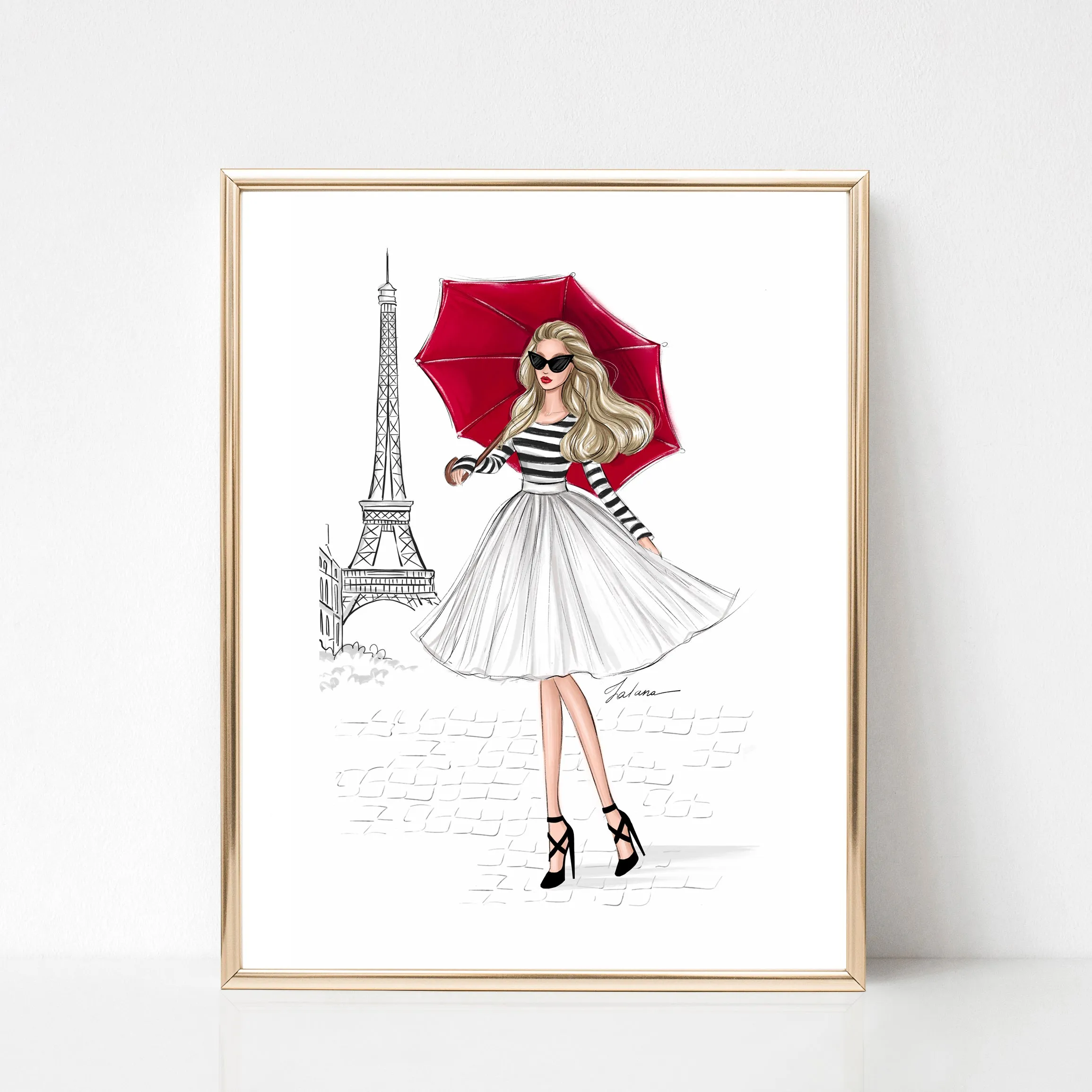Girl with red umbrella in Paris art print fashion illustration