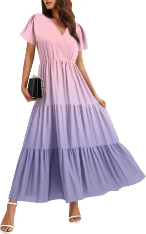 Graduation Dresses for Women 2025 Bell Short Sleeve Garden Party Dress Elegant Long Flowy Tiered Dress